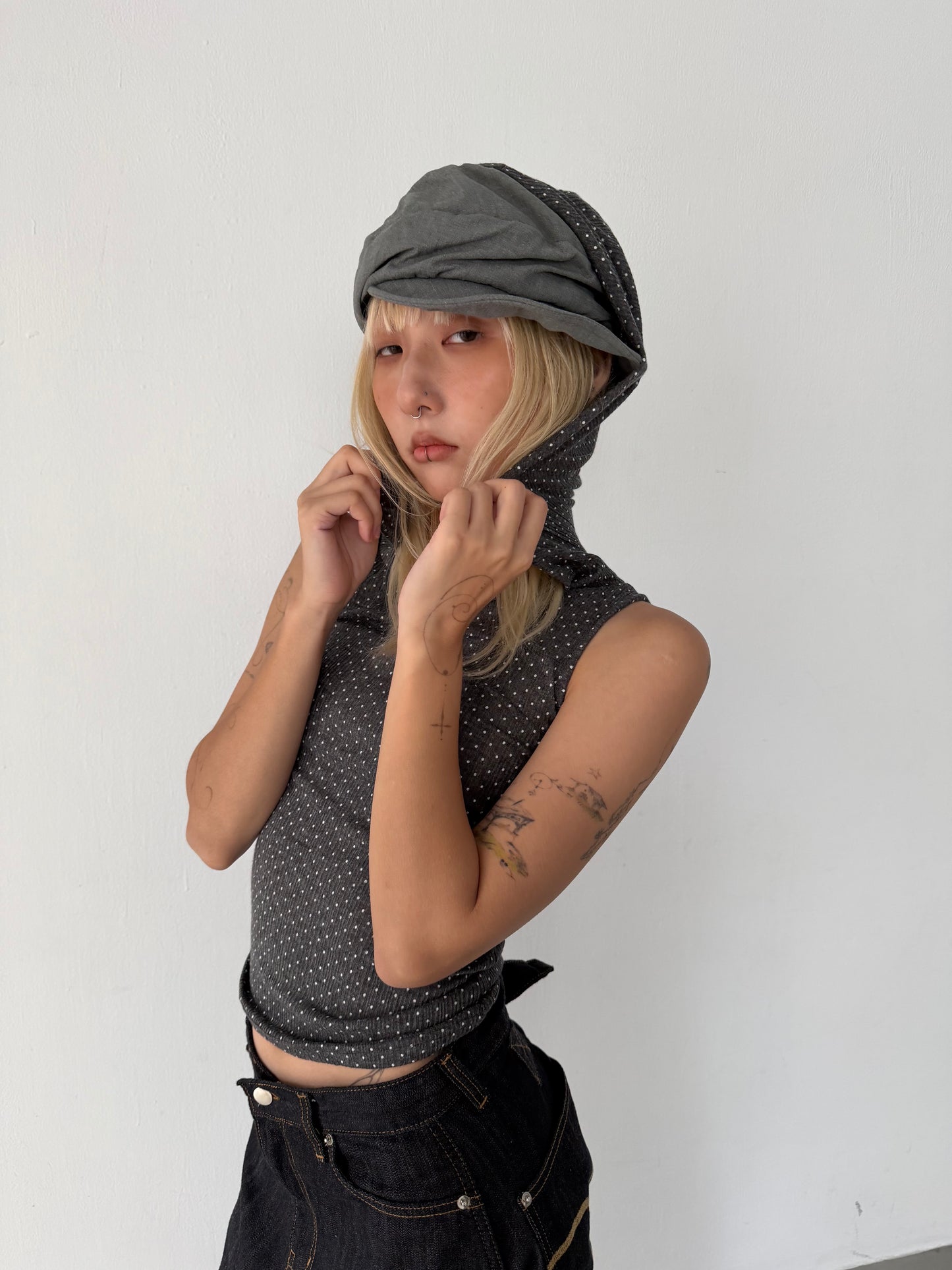 Polka Hood Sleeveless Top