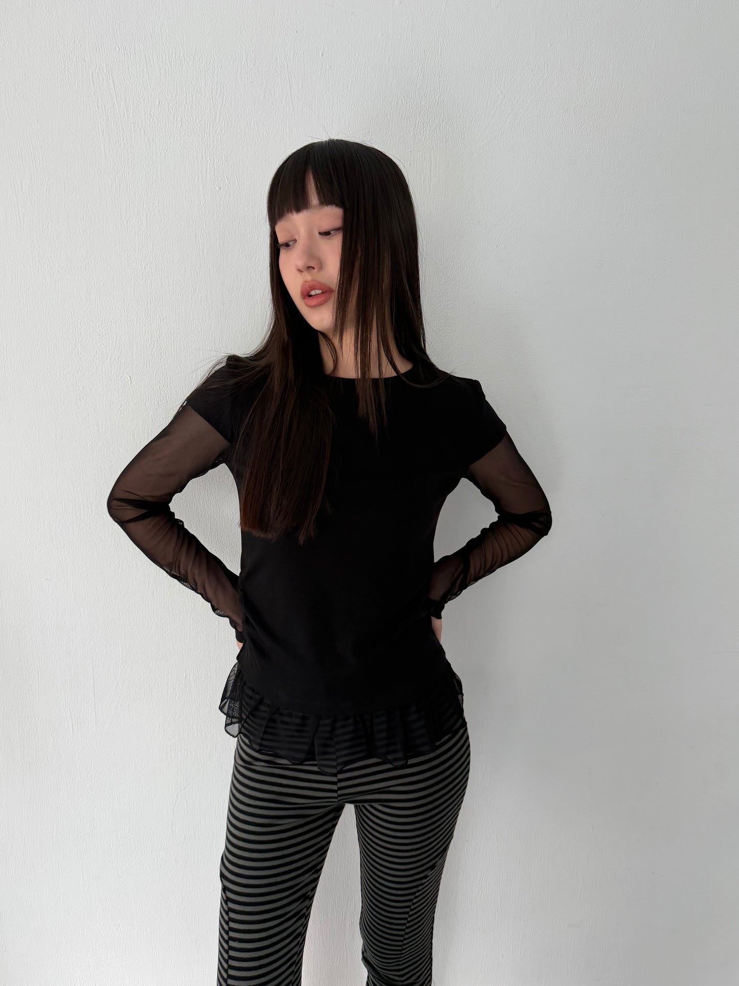 Faux Layer Mixed Fabric Top