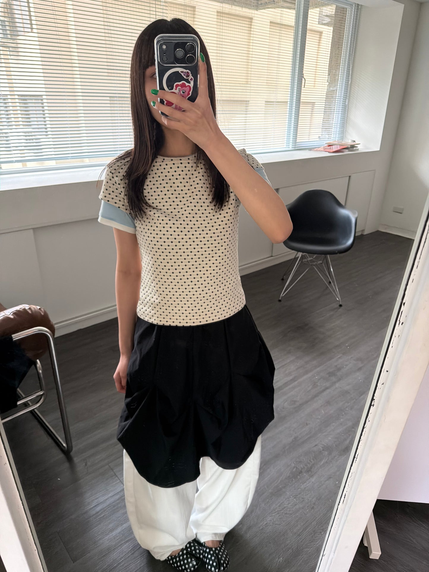 polka dot top with off-shoulder design