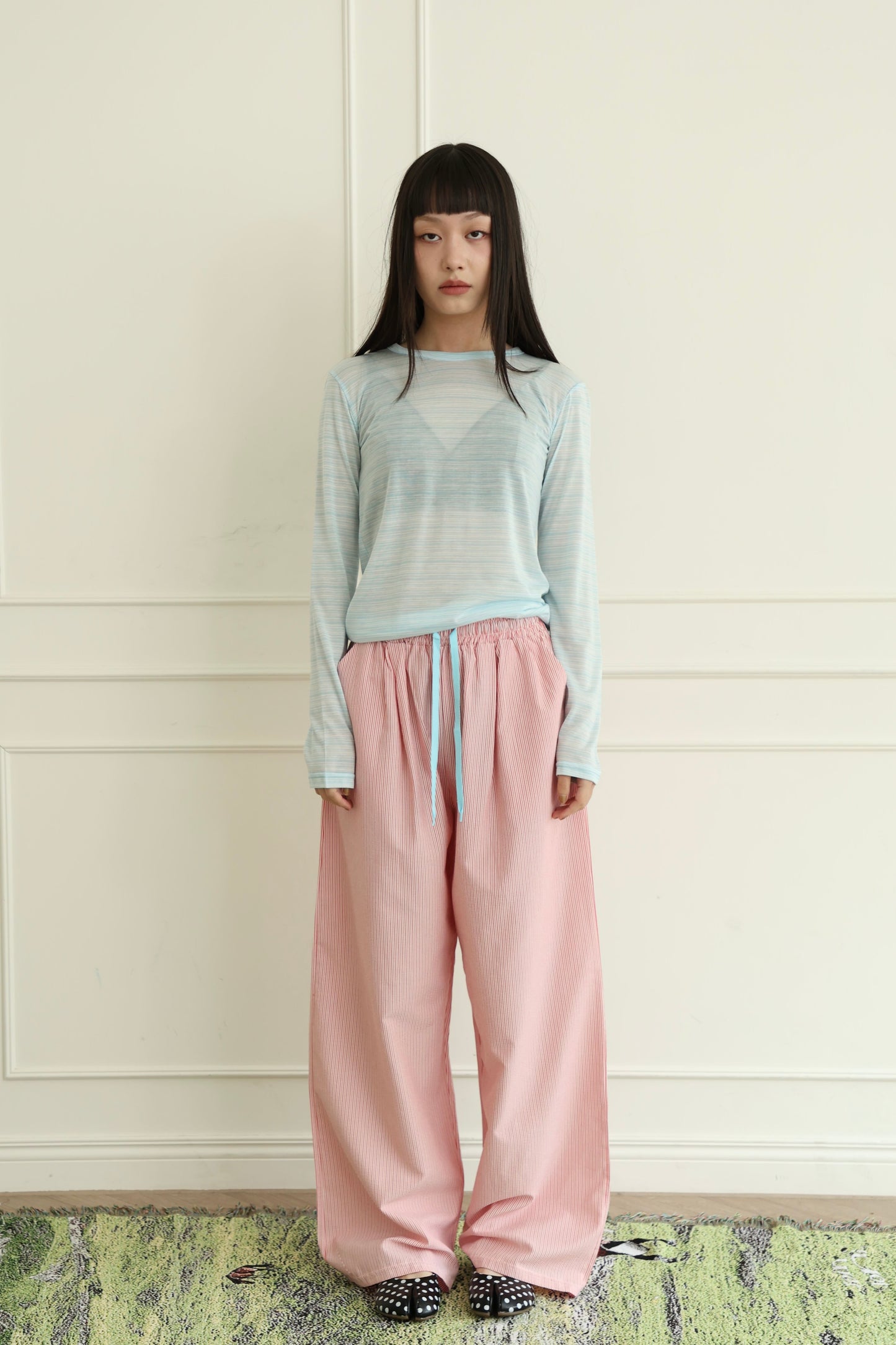 Sheer pinstriped long-sleeved top