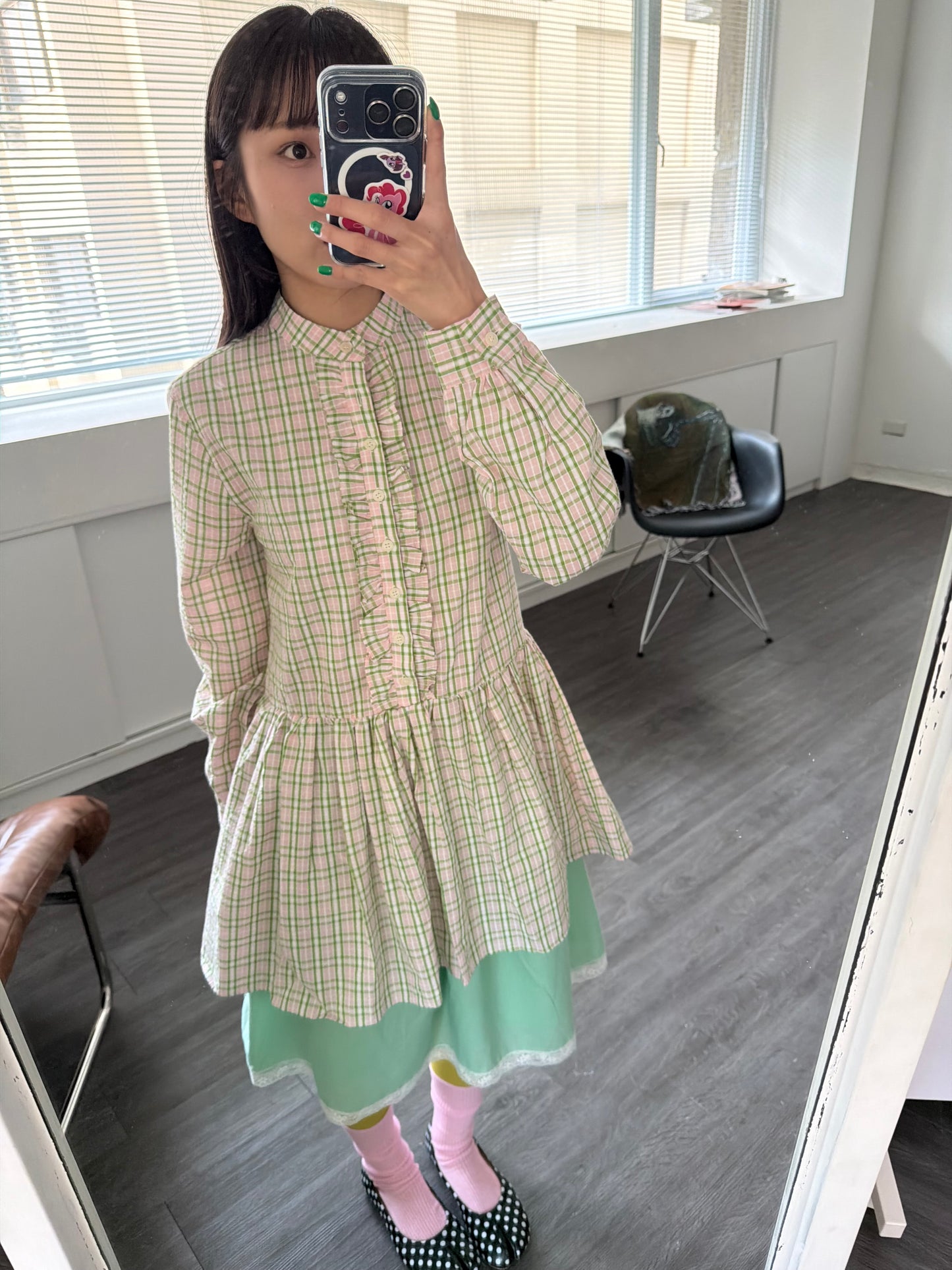 Plaid lace shirt dress