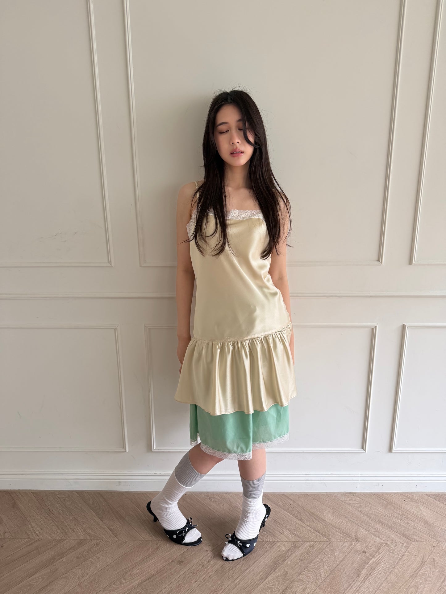 Thin-strap satin lace-trimmed camisole dress