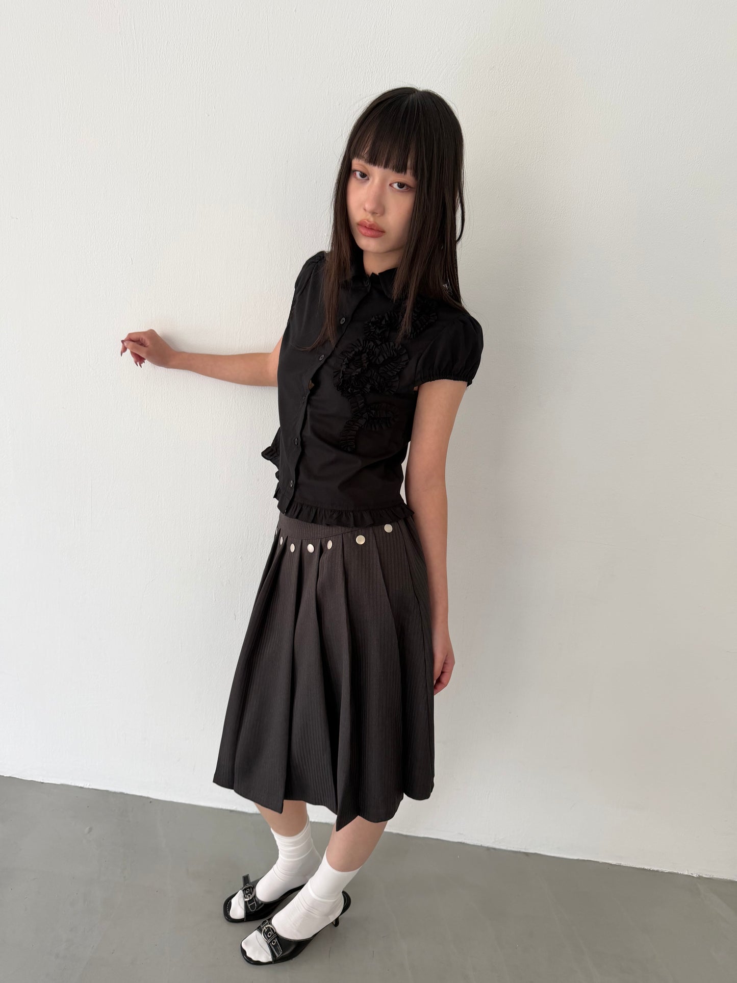 Lace-trimmed flutter sleeve shirt