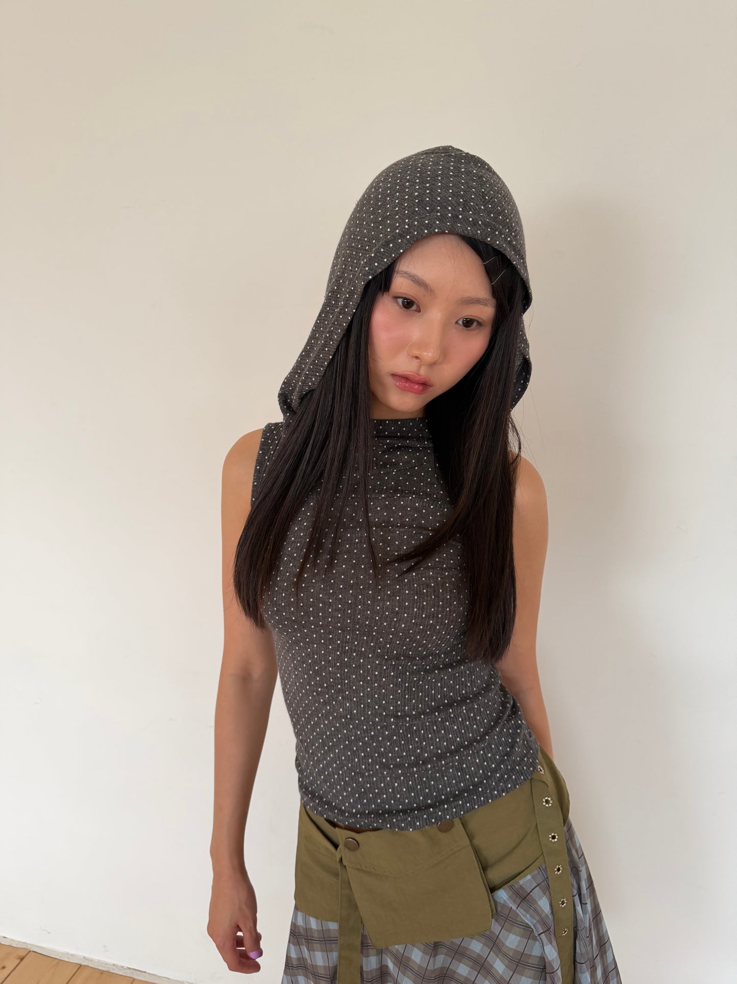 Polka Hood Sleeveless Top