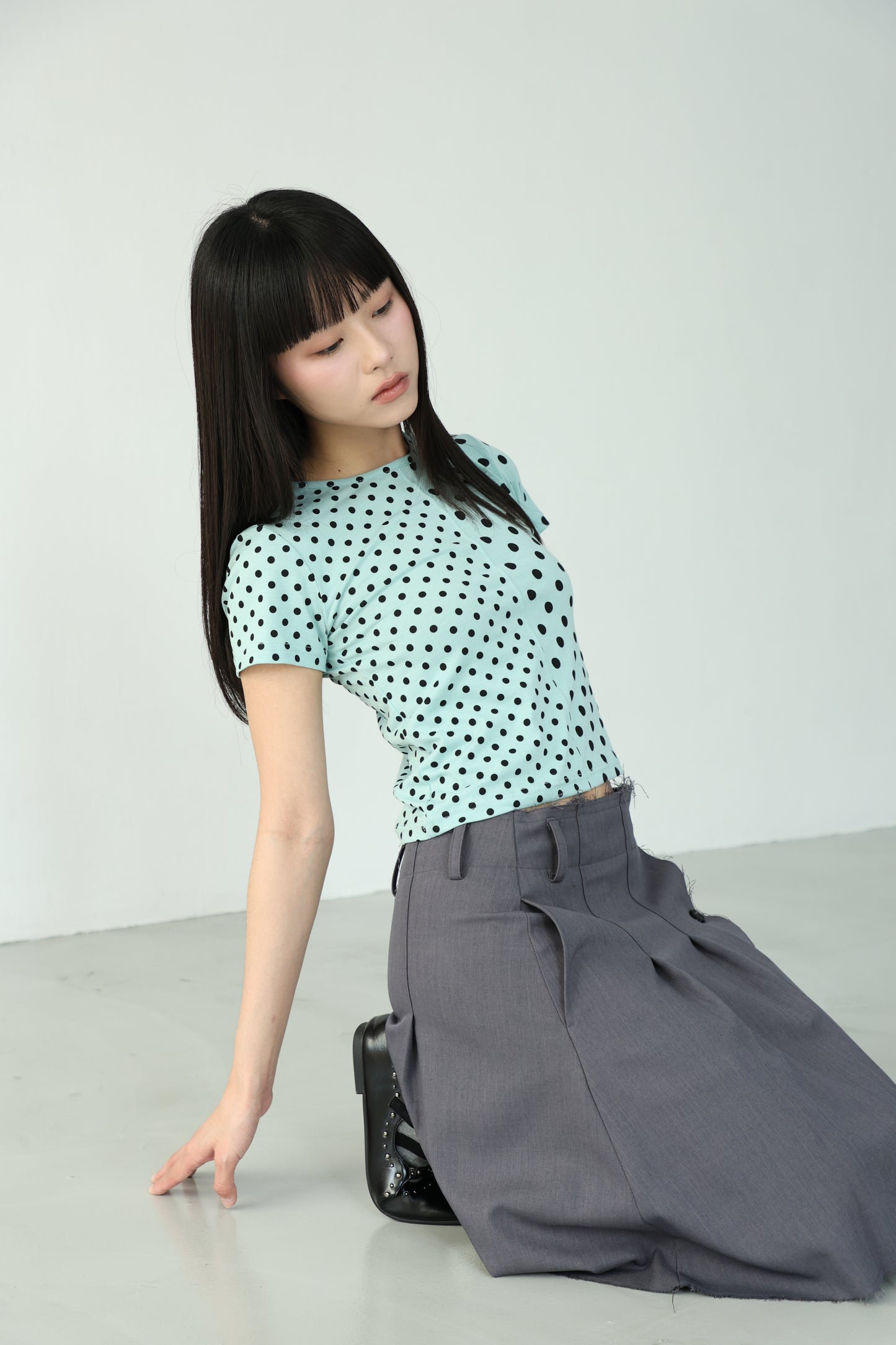 polka dot patchwork short-sleeved top