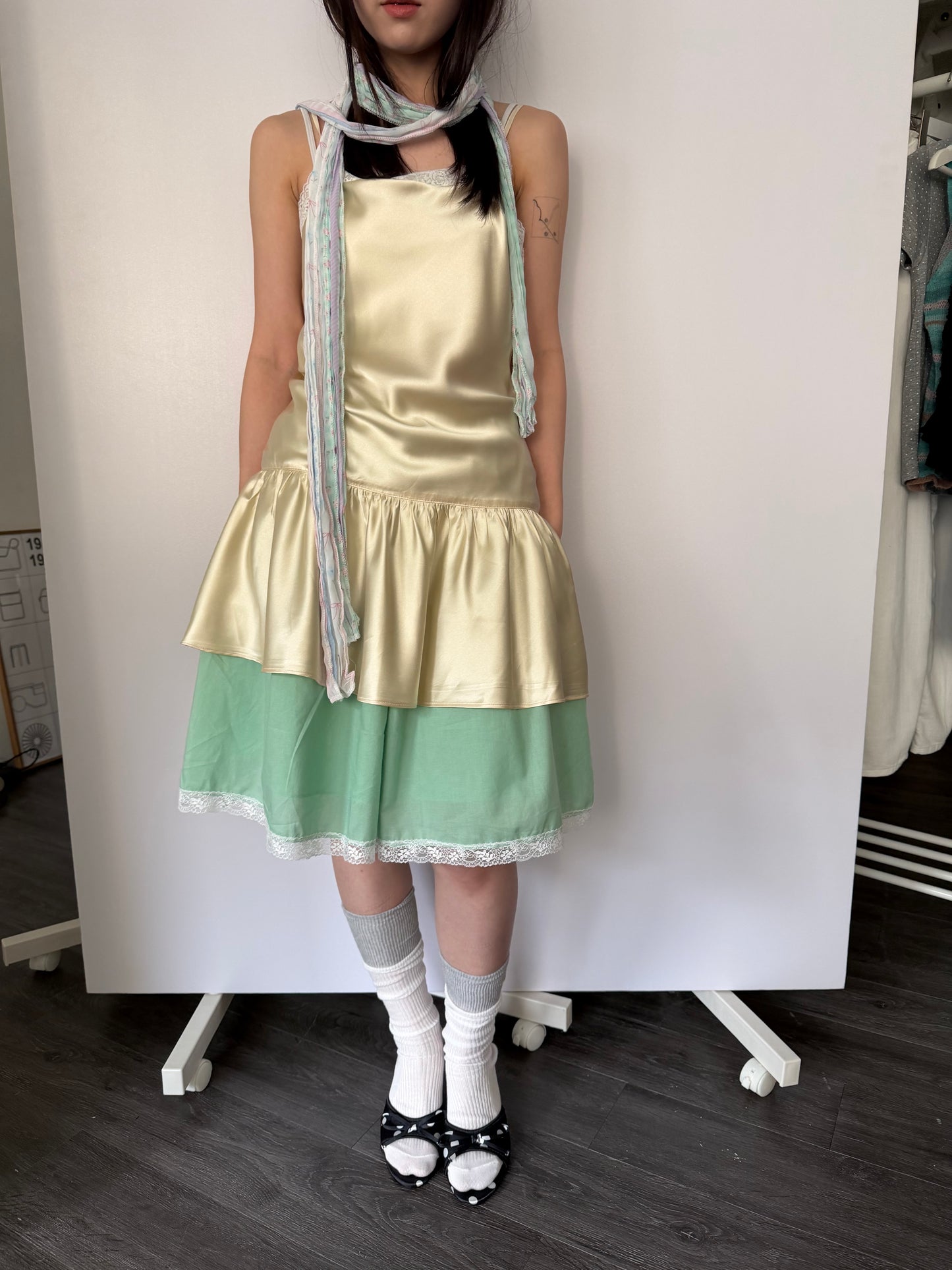 Thin-strap satin lace-trimmed camisole dress