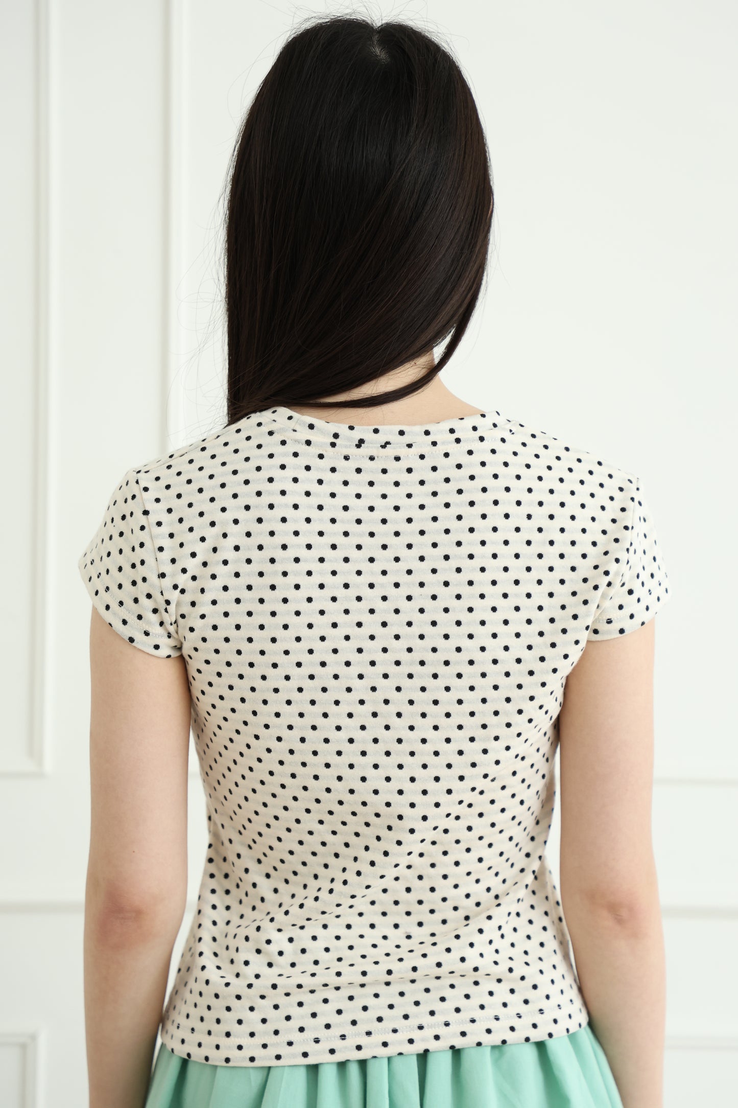 polka dot top with off-shoulder design