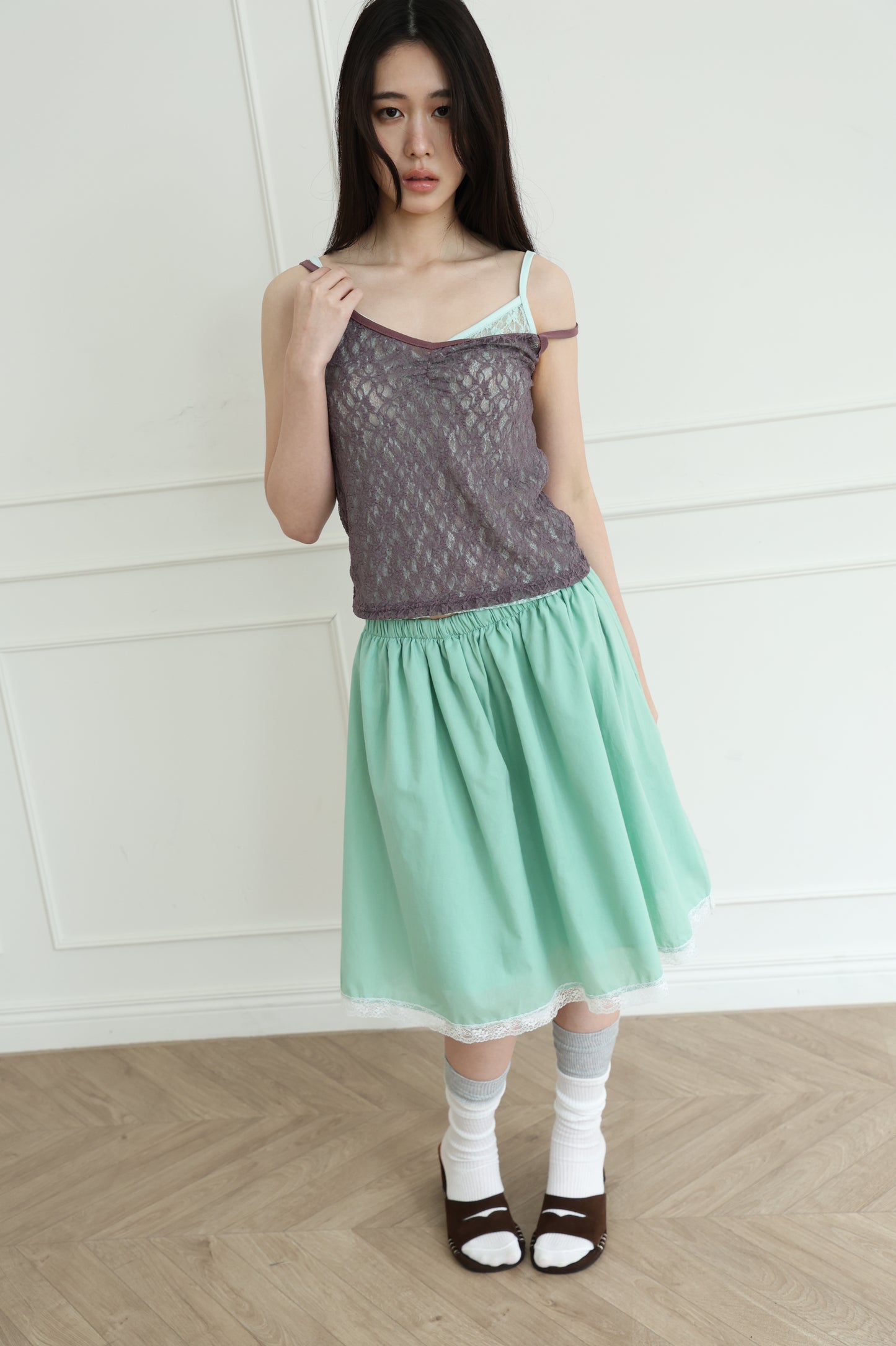 Lace sheer V-neck spaghetti strap vest