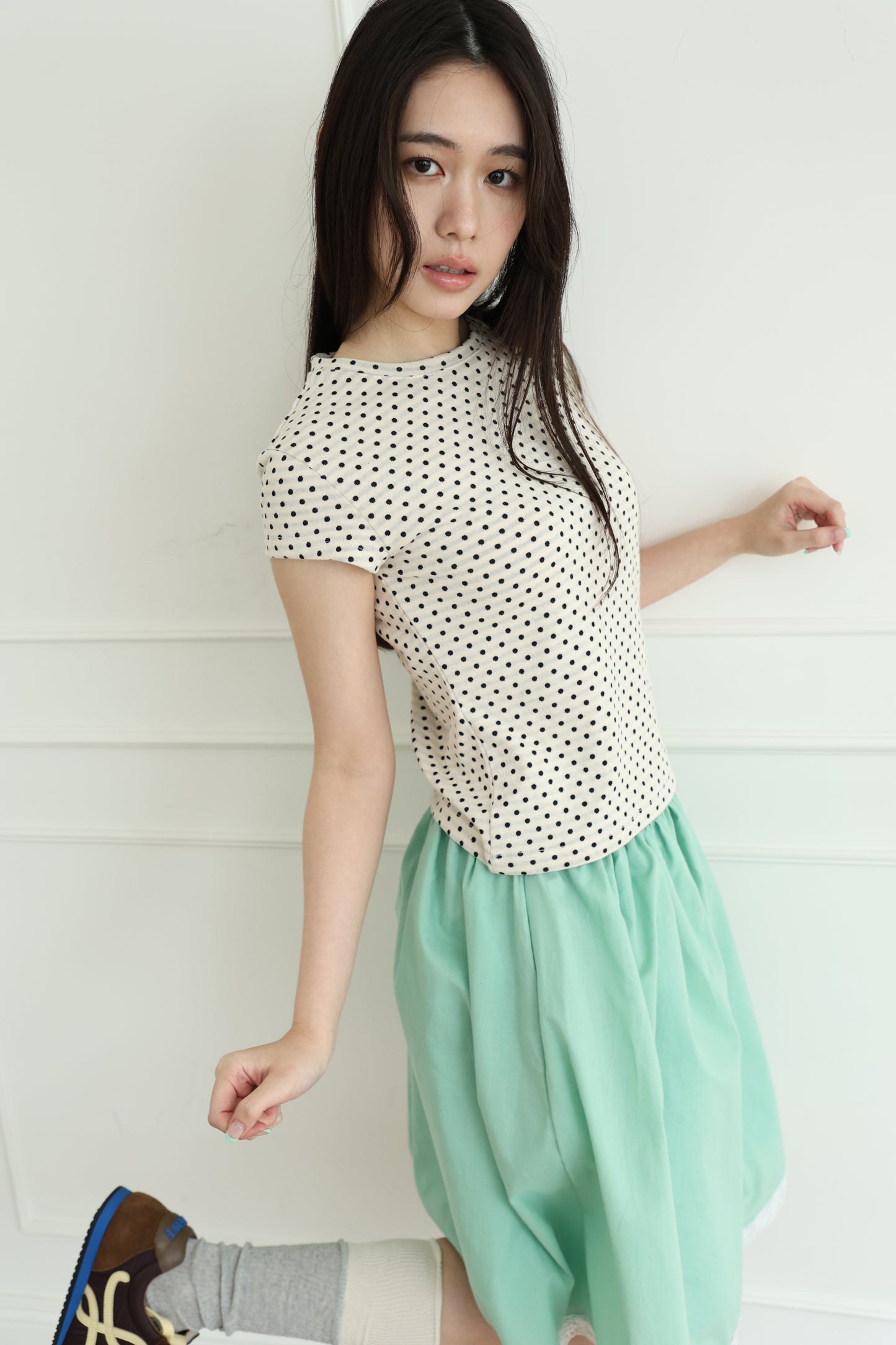 polka dot top with off-shoulder design