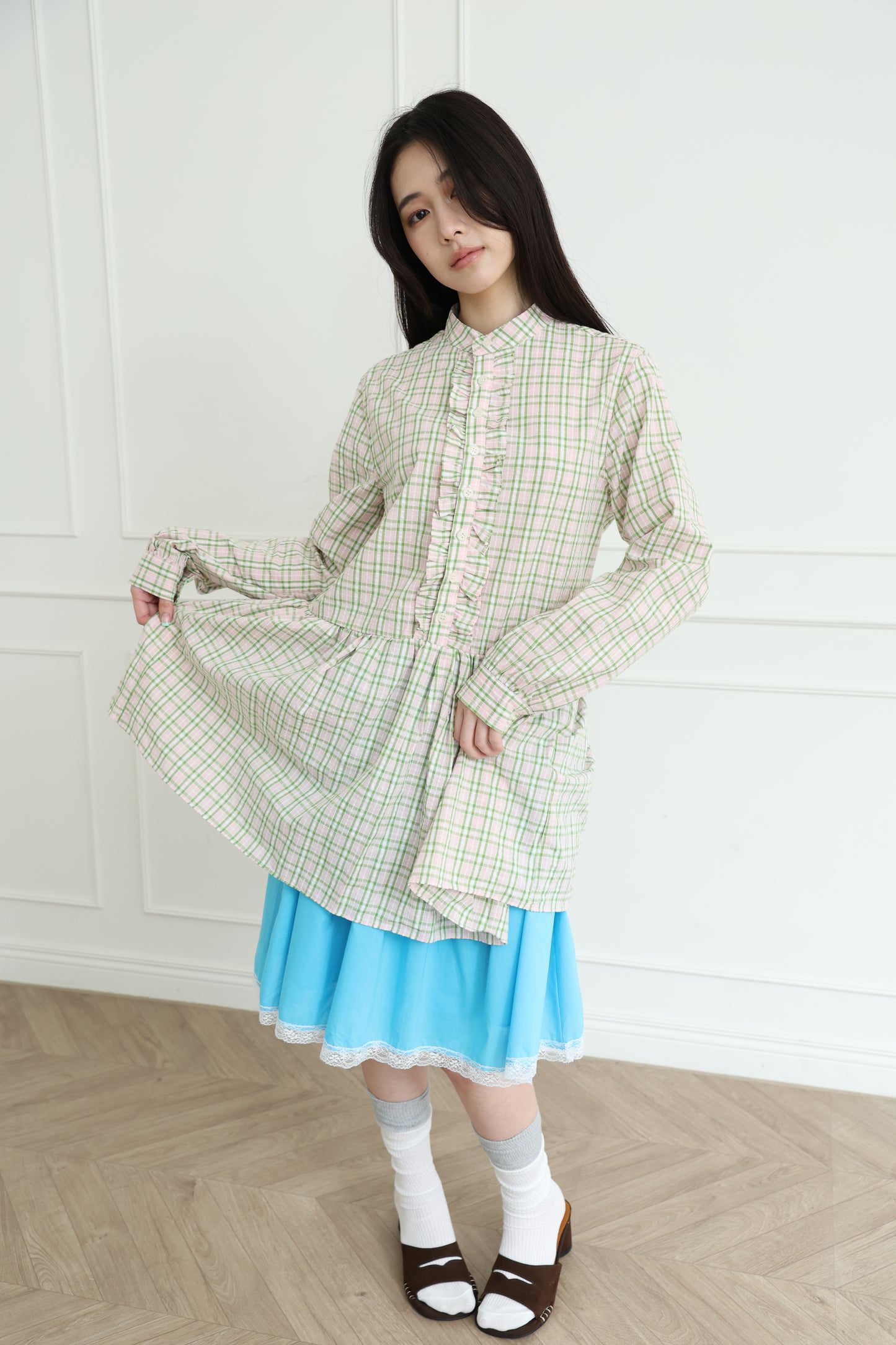 Plaid lace shirt dress