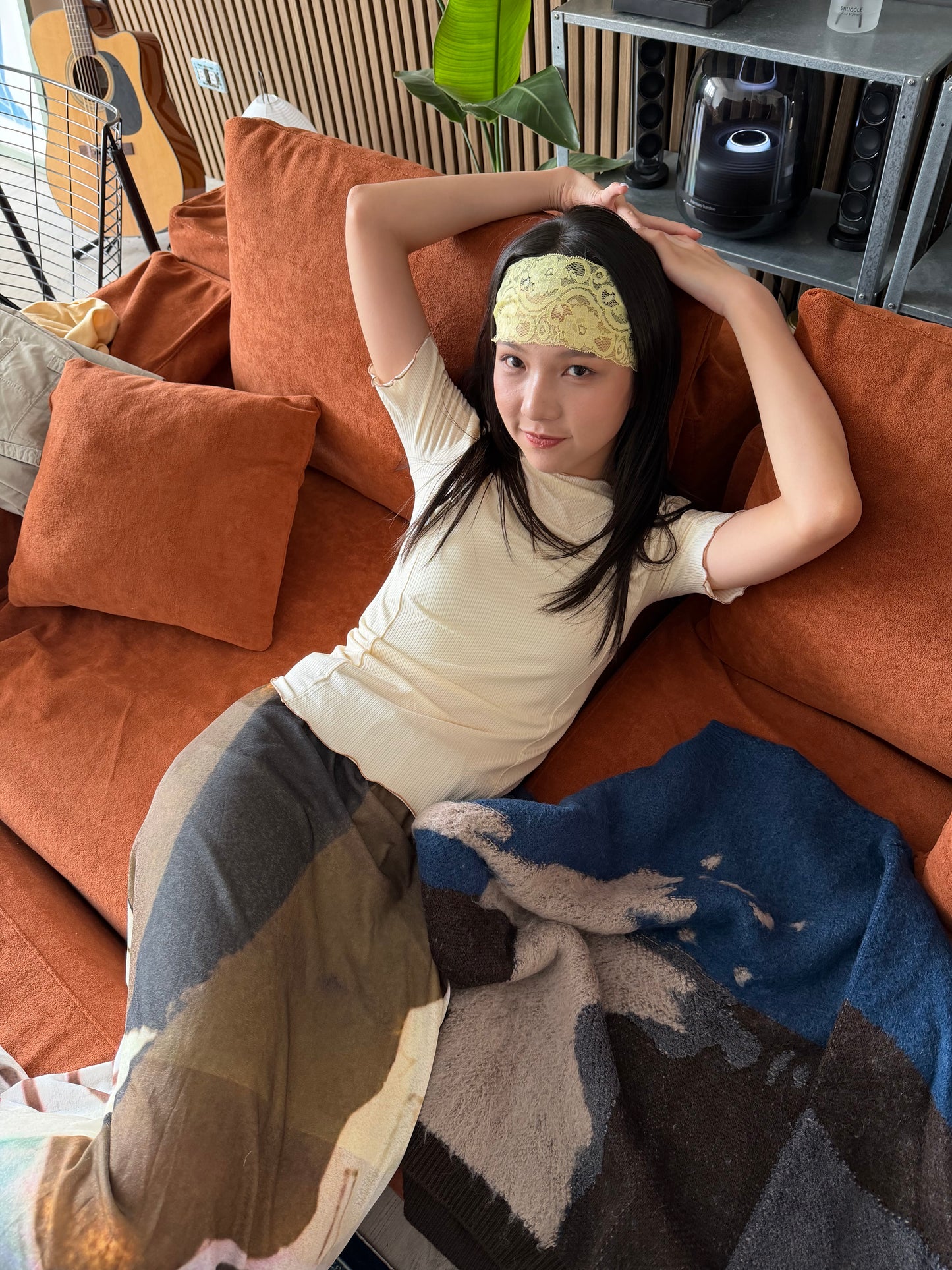 Skin-friendly striped top with piping
