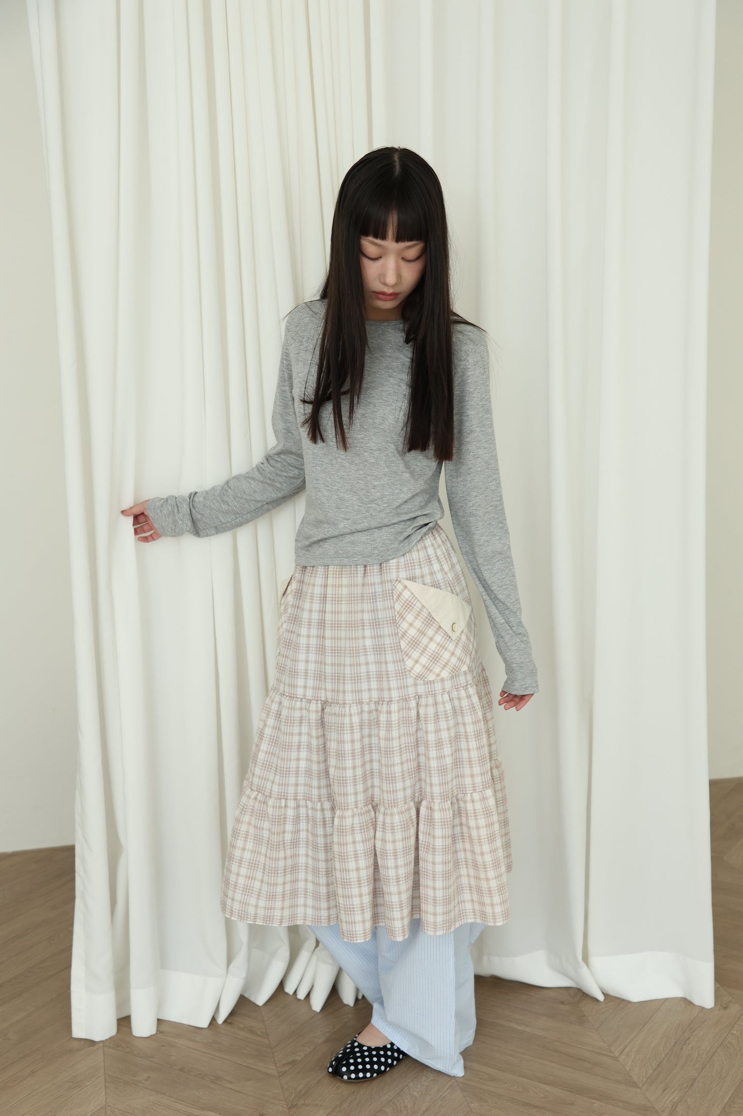 Pancake Check Button Midi Skirt