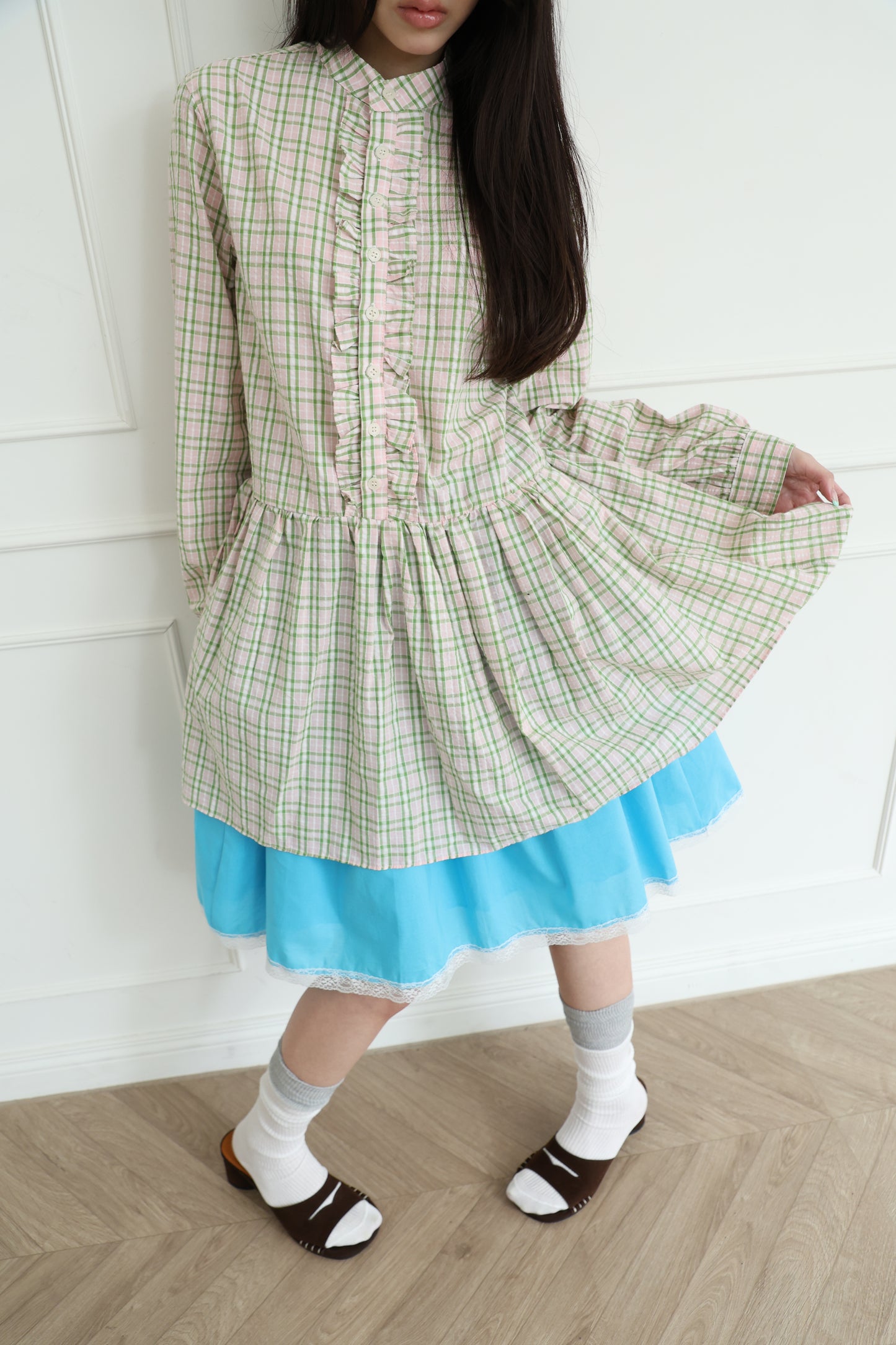 Plaid lace shirt dress