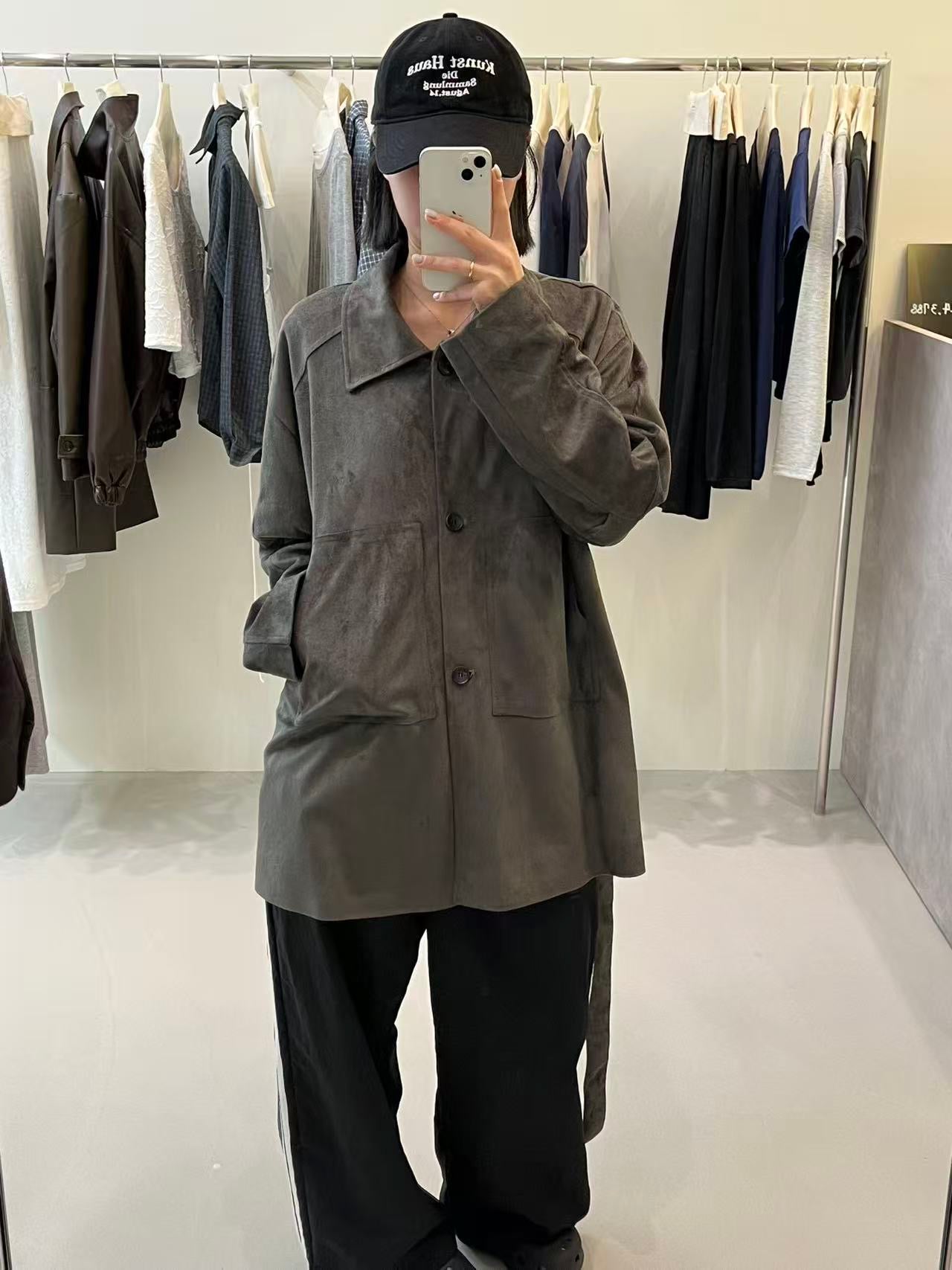 韓國製 麂皮感綁帶長版大衣