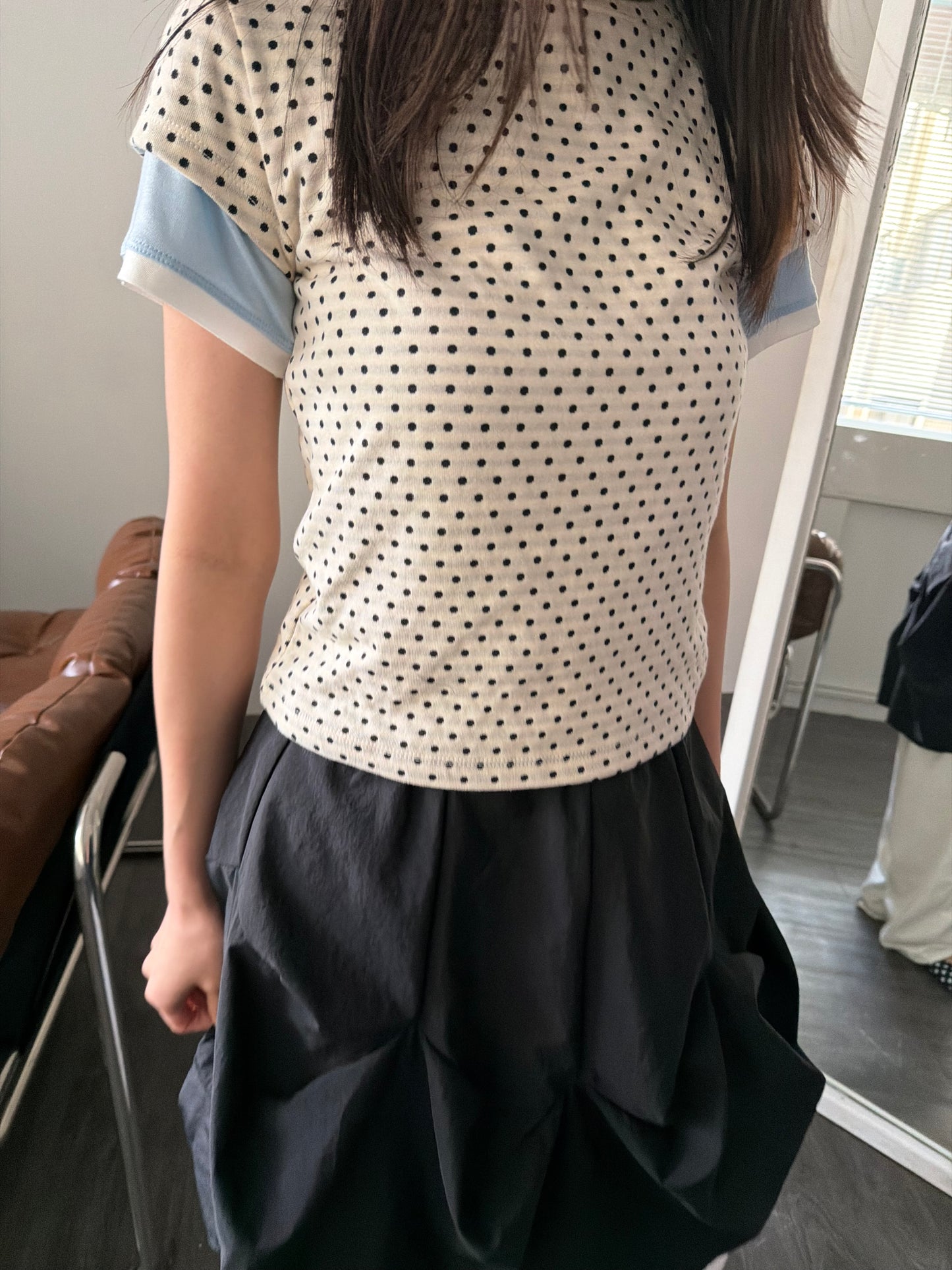 polka dot top with off-shoulder design