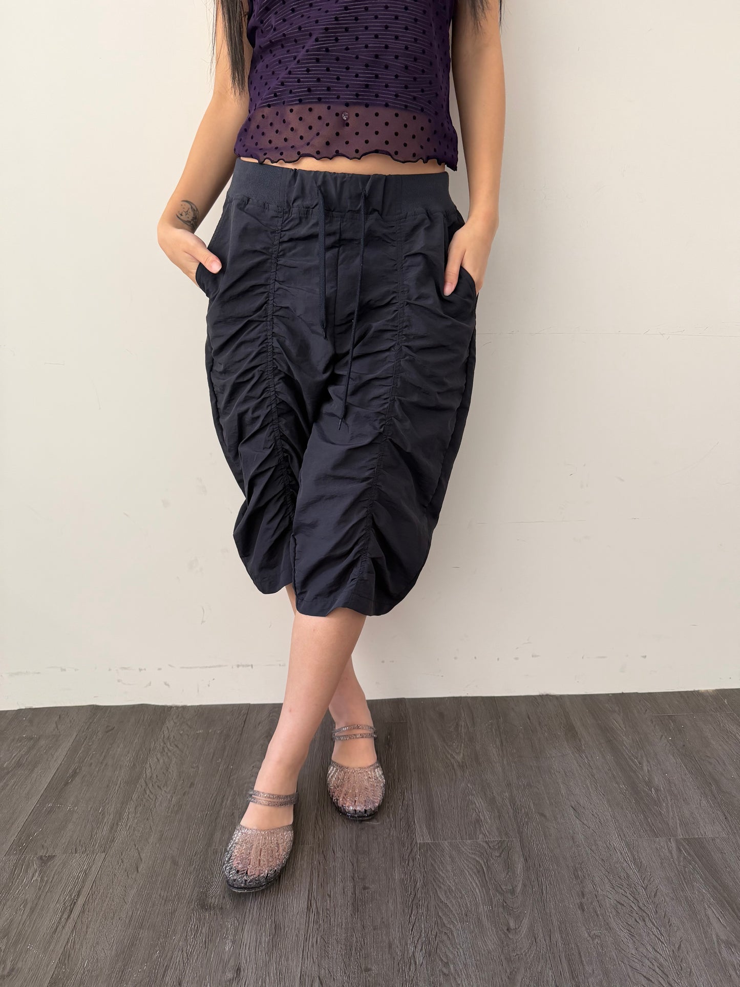 Crinkled Nylon Capri Pants