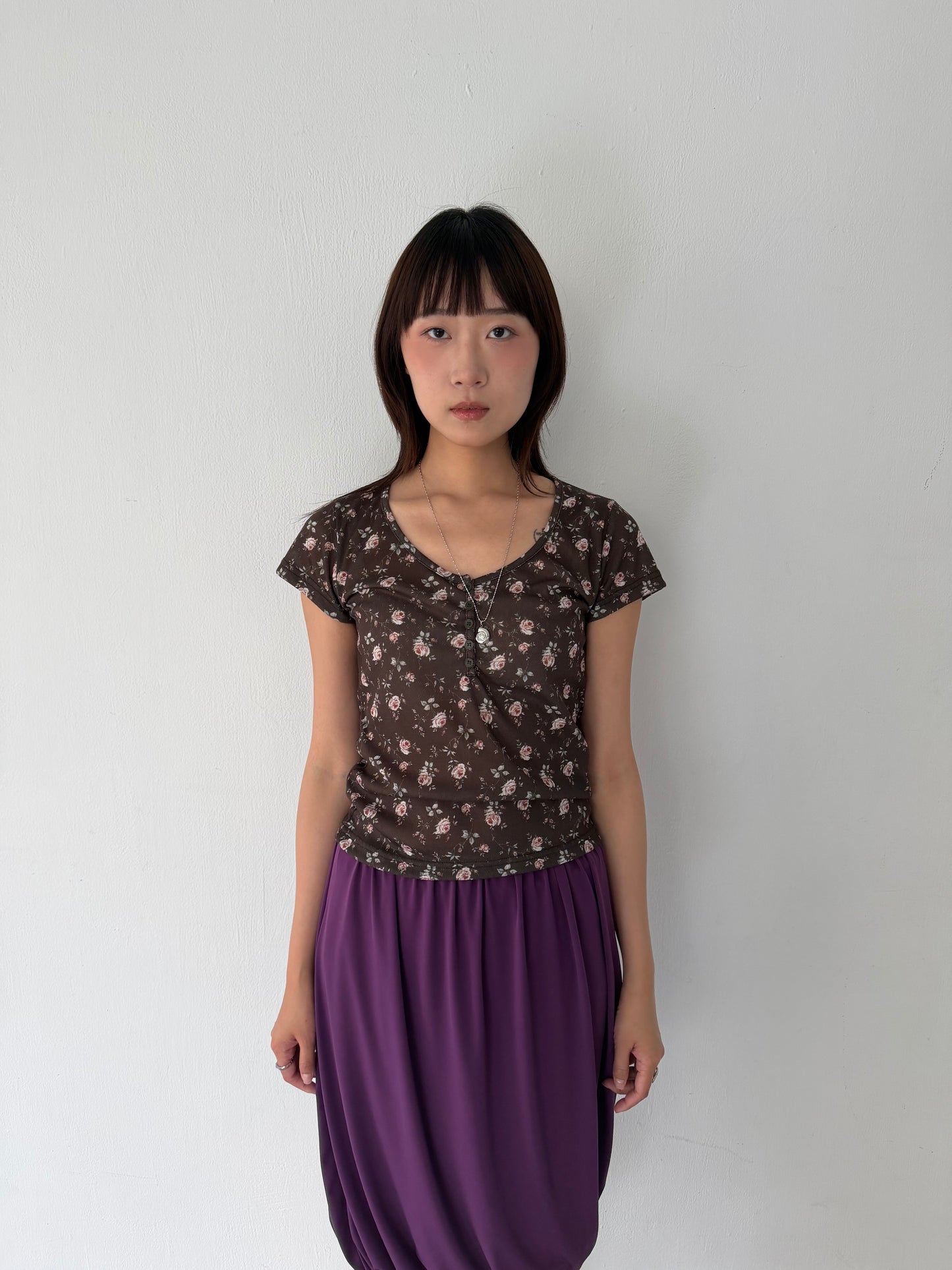 Floral Button Elastic Short-Sleeve