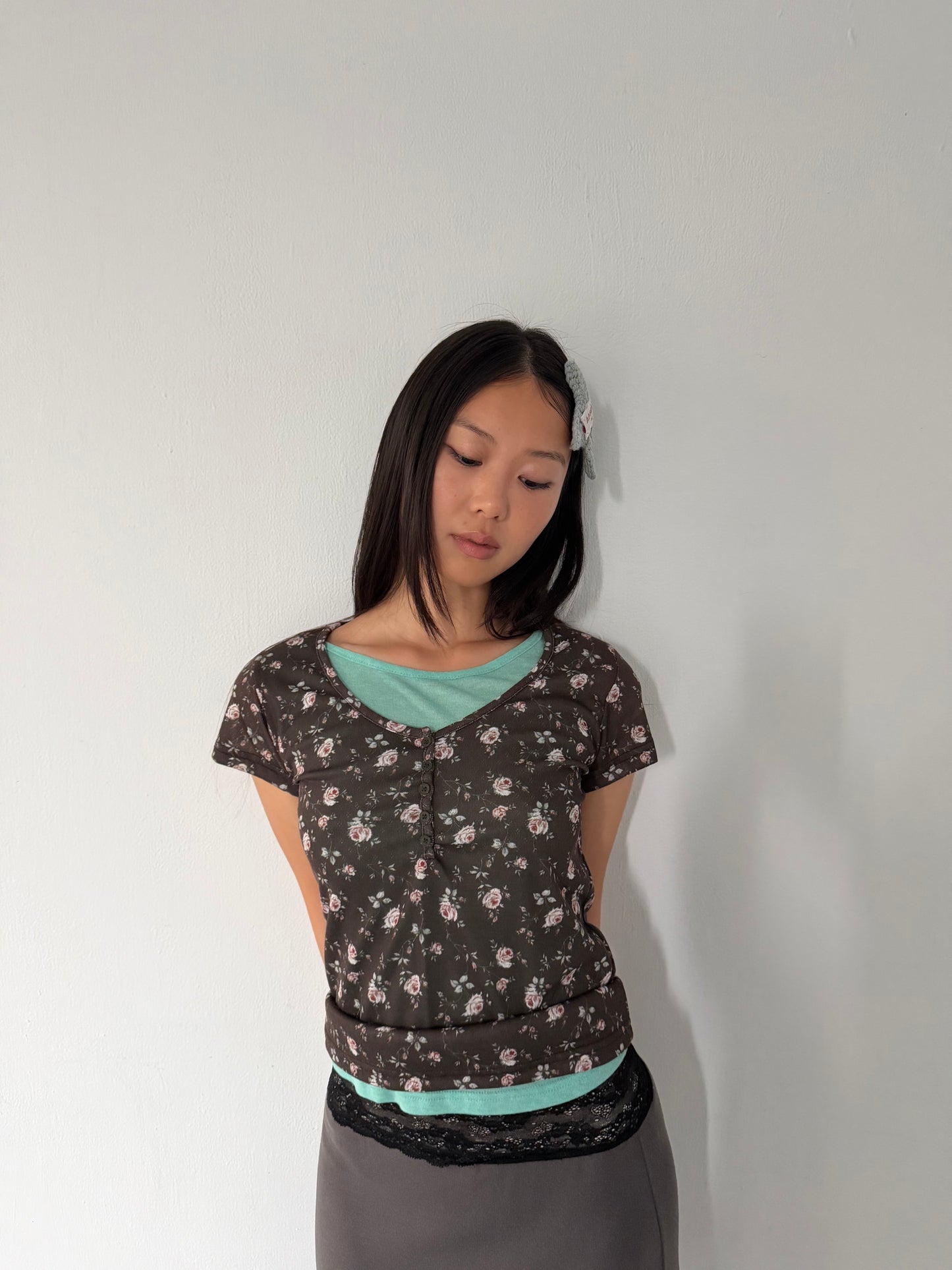 Floral Button Elastic Short-Sleeve