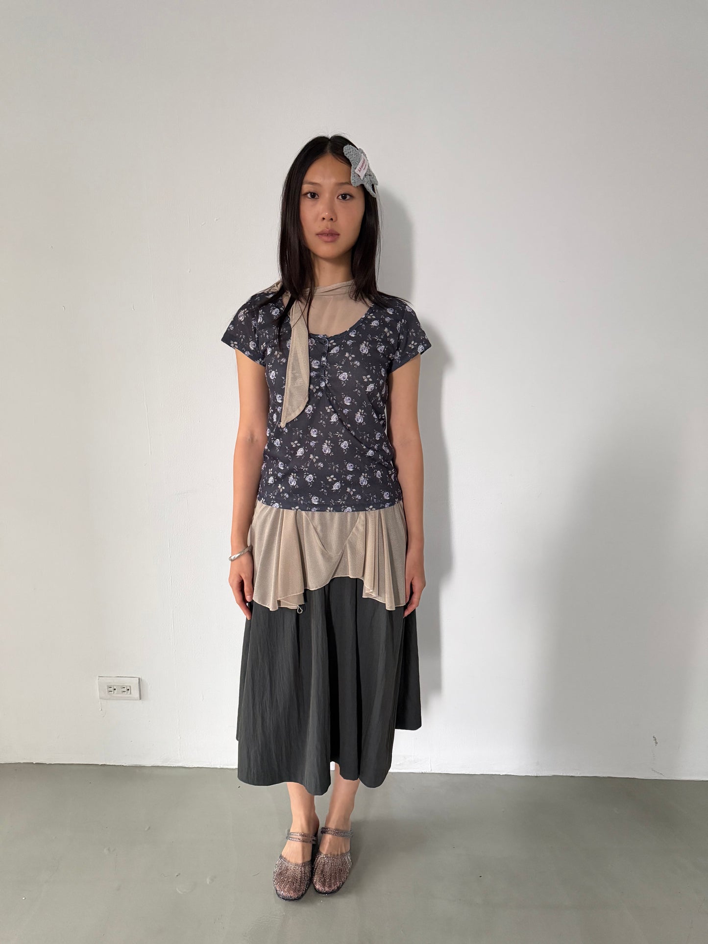 Floral Button Elastic Short-Sleeve