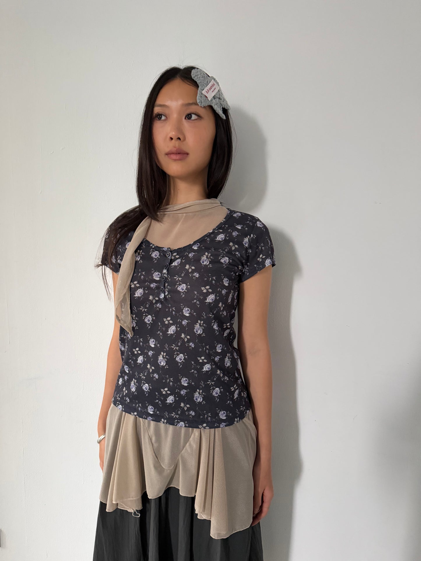 Floral Button Elastic Short-Sleeve