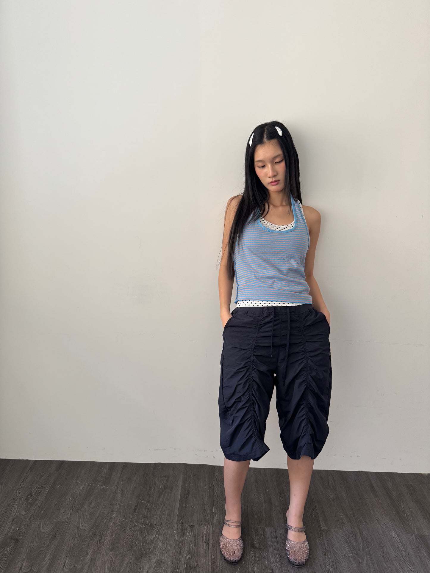 圓點條紋掛脖上衣