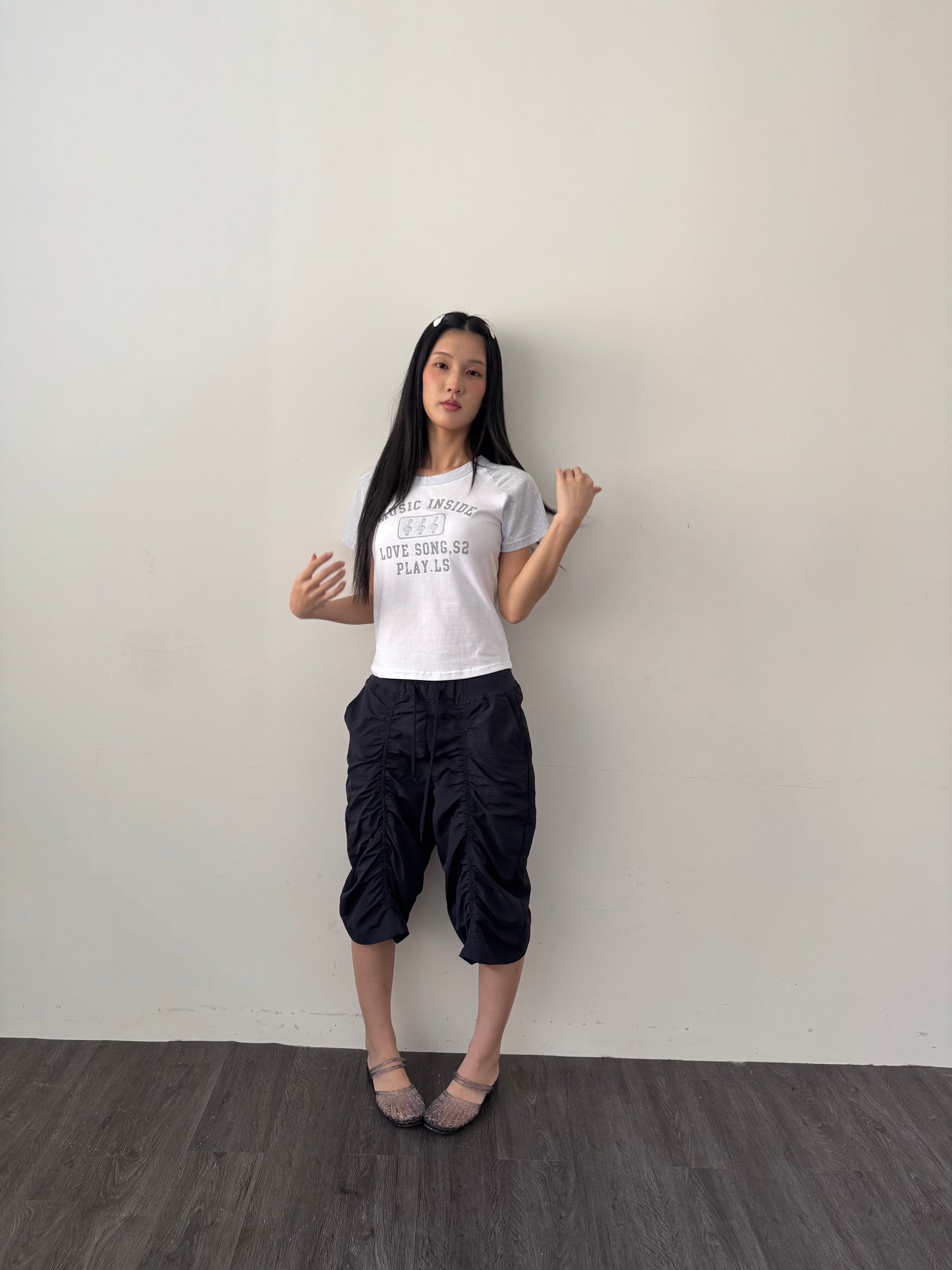 Crinkled Nylon Capri Pants