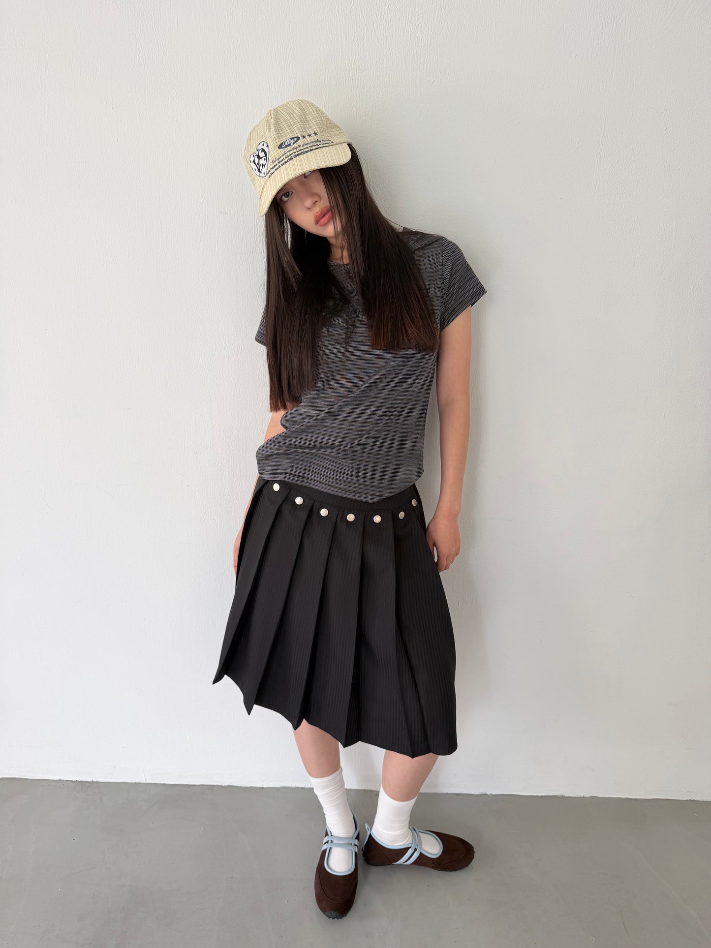 Striped button-down hooded short-sleeved top