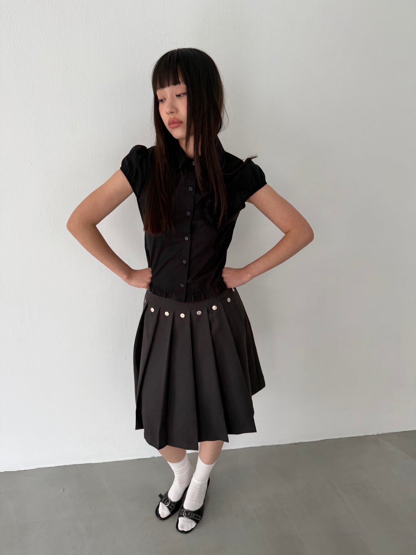 Studded striped suit pleated skirt