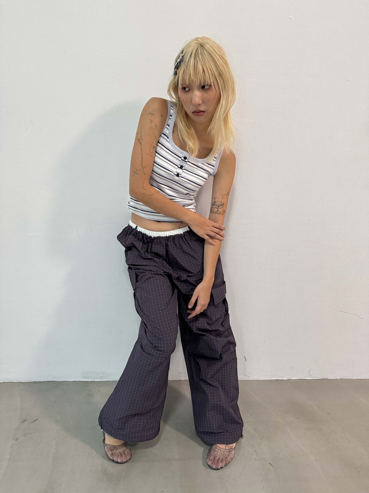 Layered Waist Grid Cargo Pants