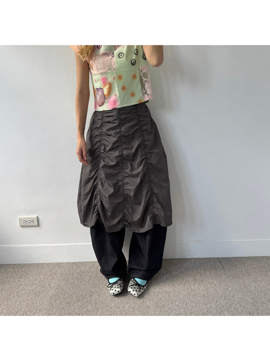 Nylon glossy pleated midi skirt