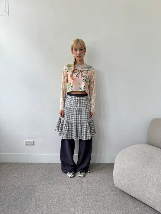 Checkered layered pleated skirt