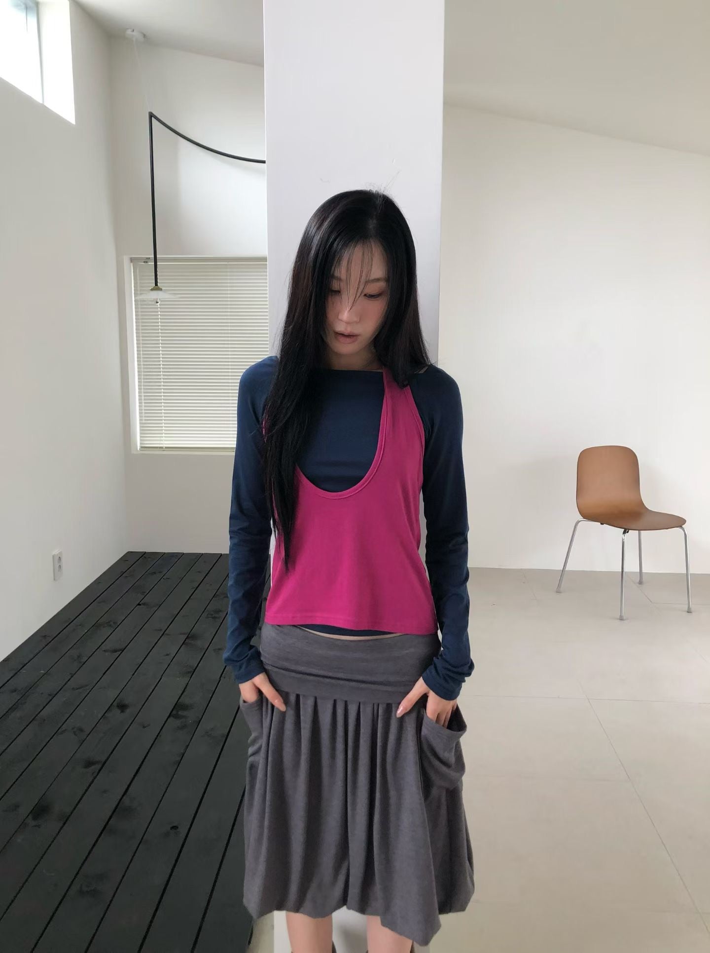 （9/6 收單）韓國製 棉質垂墜感口袋中裙