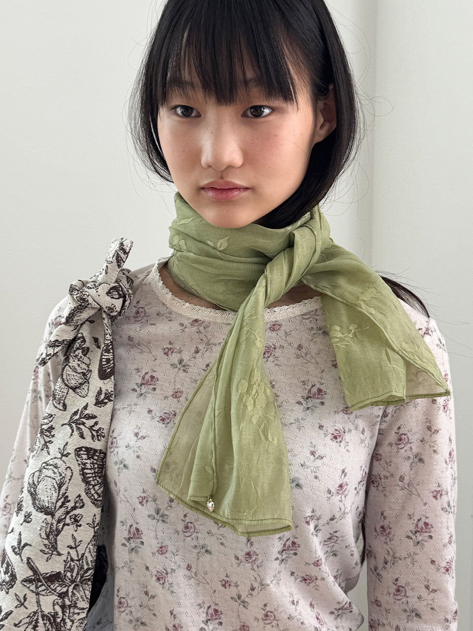 FUN FROM FUN Floral Sheer Scarf, Willow Green