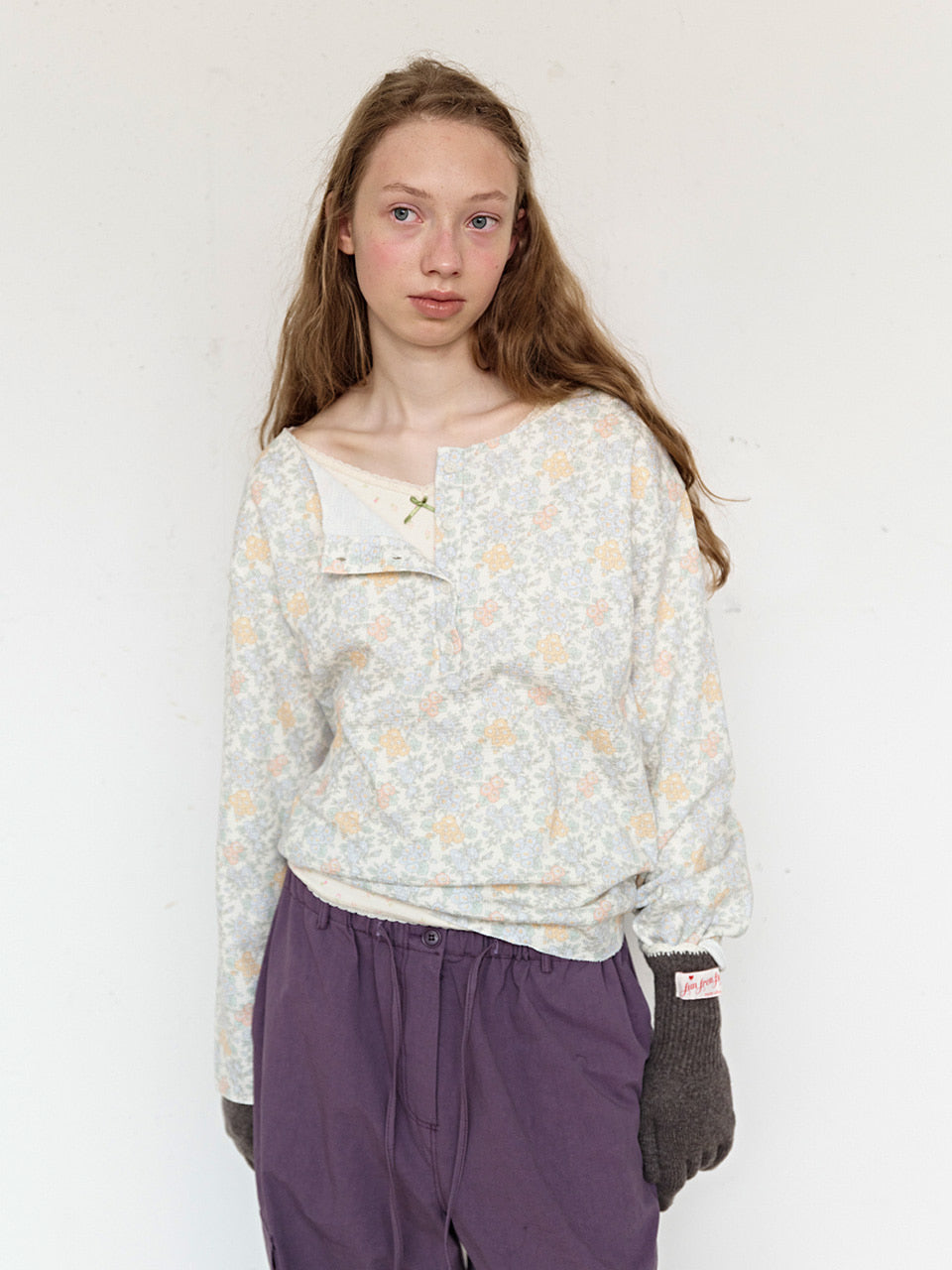 FUN FROM FUN Rustic Waffle Henley Top, Dusty Blue