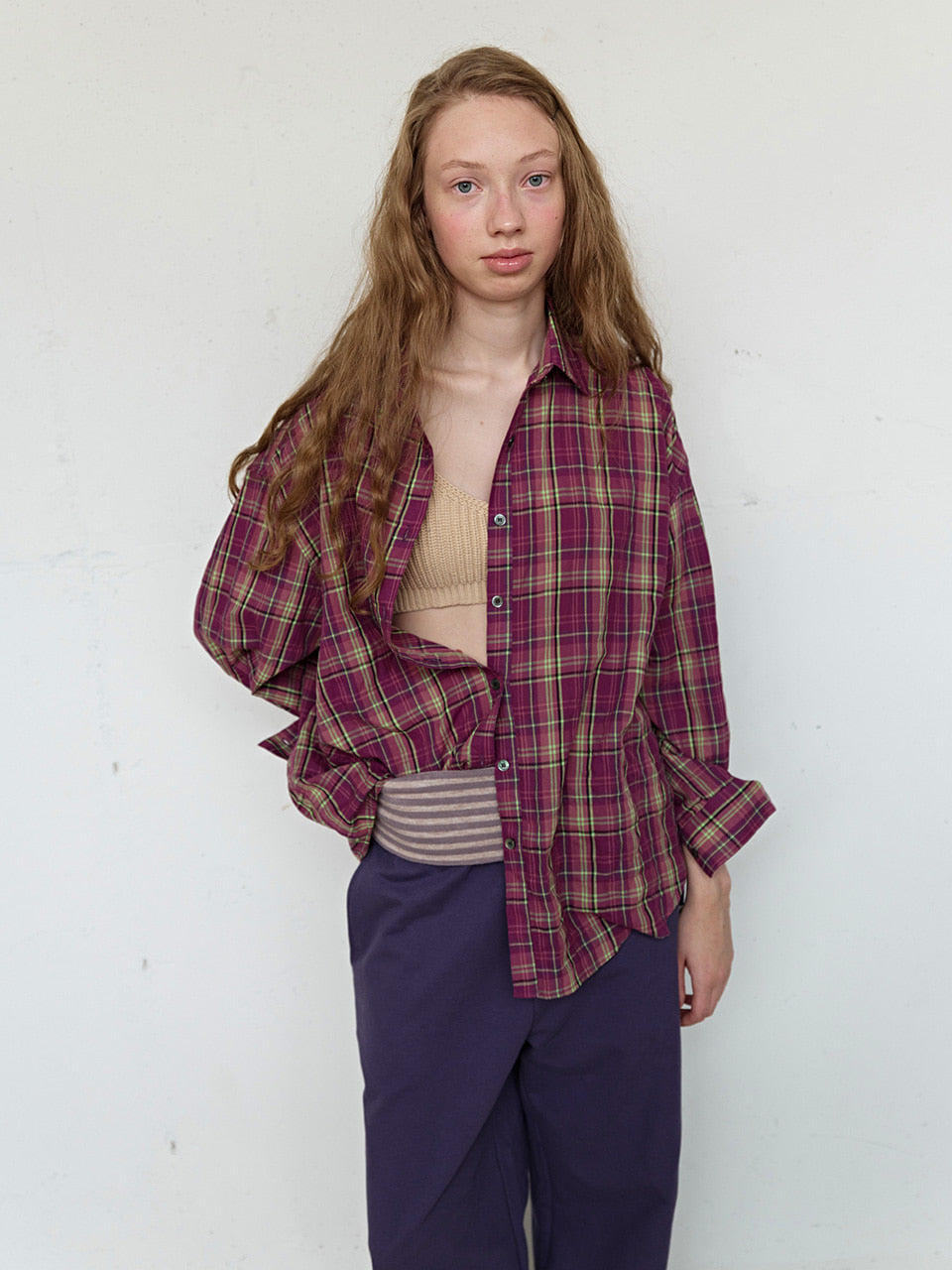 FUN FROM FUN Berry Check Overfit Shirt, Berry