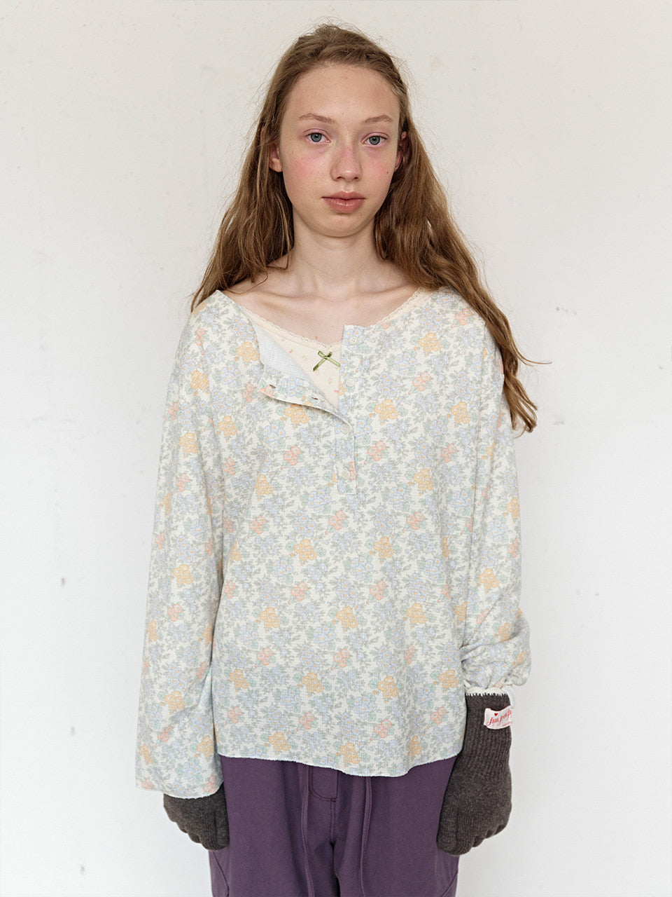 FUN FROM FUN Rustic Waffle Henley Top, Dusty Blue